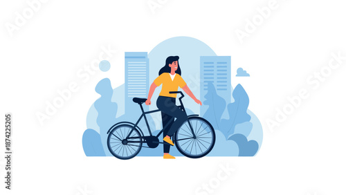 Woman riding bicycle in cityscape with urban buildings and foliage