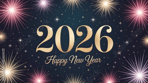2026 Happy New Year Celebration With Sparkling Gold Text And Colorful Fireworks