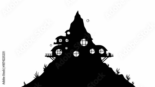 Mysterious silhouette of whimsical homes nestled on a dark mountain peak.