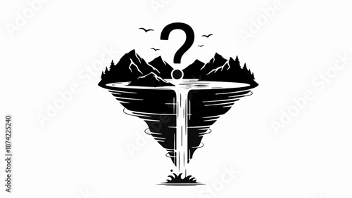 Mysterious question mark atop a surreal landscape with waterfall and mountains, symbolizing uncertainty and discovery.