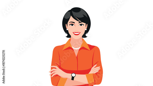 Confident woman in business attire with smile and crossed arms
