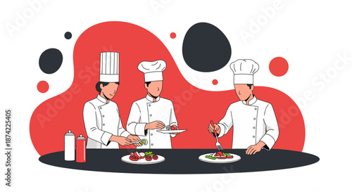 Three Professional Chefs Preparing Gourmet Dishes Together.