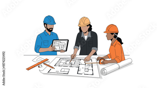 Architects collaborating on building plans with blueprint and tablet