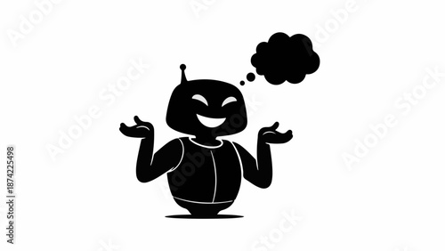 Happy robot with a thought bubble, shrugging with a cheerful expression