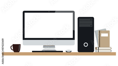 Modern workspace with desktop computer and books on wooden desk