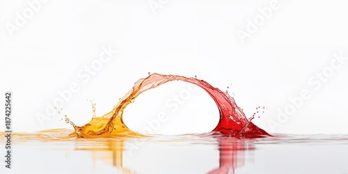 Vivid liquid splash featuring red to yellow hues mid-motion against a white backdrop, ideal for UI or editorial backgrounds