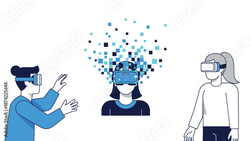 Virtual reality experience with diverse people in minimalist style