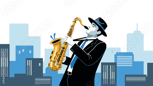 Jazz musician playing saxophone in urban landscape scene