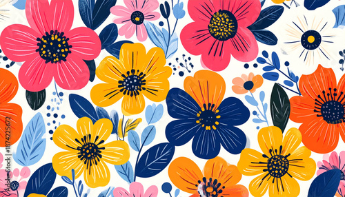 Hand drawn seamless floral pattern, bright botanical spring design, abstract flowers, colorful bloom