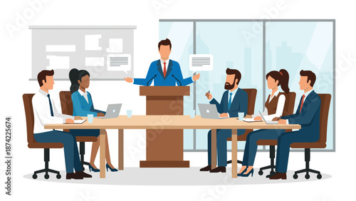 Business meeting in office: diverse team discussing strategies with leader at podium