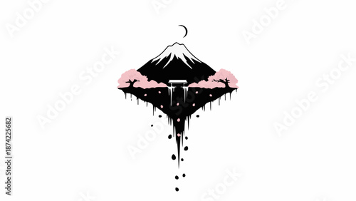 Dreamy floating island with mountain, cherry blossoms, and waterfall under crescent moon.