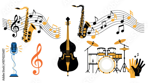 Colorful jazz instruments with music notes arrangement