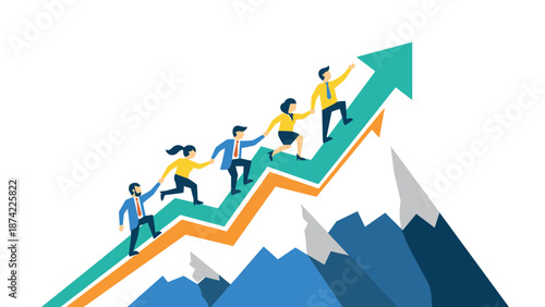Teamwork and growth: business people climbing an upward arrow amidst mountains