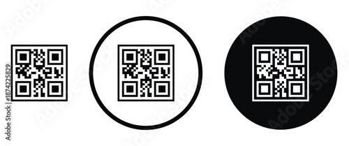 Three minimalist black and white QR code icons arranged horizontally on a transparent background. Left: standard square QR pattern. Center: QR inside thin white circle on black. Right: QR inside thick