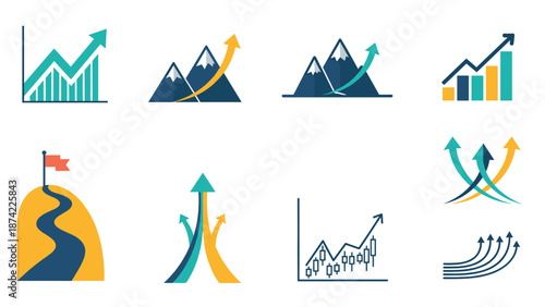 Trend analysis icons set featuring growth and success metrics