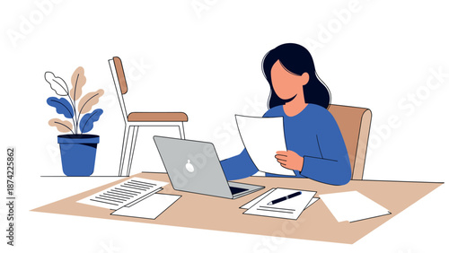 Remote work concept with woman at desk using laptop in minimalist office setting