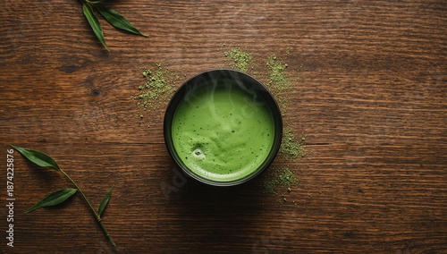 A steaming cup of matcha te...