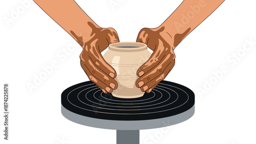 Hands creating pottery on wheel: artistic craft and design