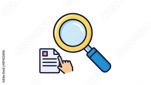 Colorful flat design of magnifying glass and document with hand icon