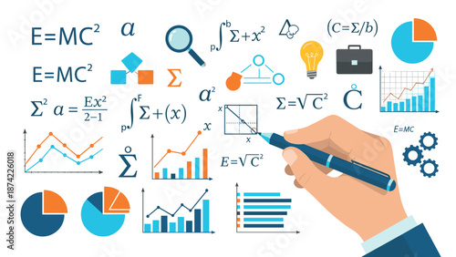 Mathematical science concept with formulas and graphs in flat design style