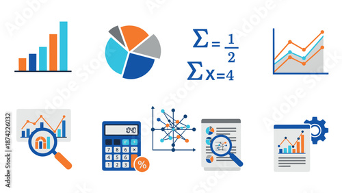 Data analytics and graphs: flat icon set for business and statistics