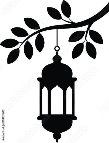 Vintage vector illustration of an empty antique metal birdcage lantern hanging from a tree branch with an open door symbolizing freedom and light