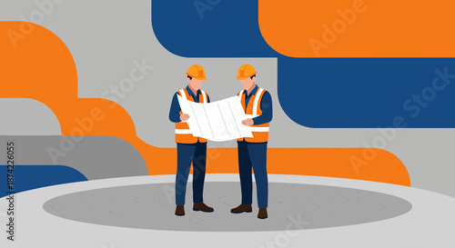 Two construction workers reviewing building plans.