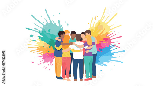 Colorful unity: diverse group embraces with vibrant splashes in flat design