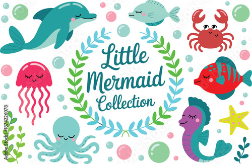 Cute little mermaid collection underwater illustration with dolphin fish crab octopus jellyfish seahorse nursery decor cartoon ocean animals for kids