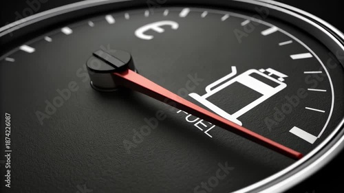 Close-up shot of a fuel gauge showing a low fuel level, indicating a need for refueling