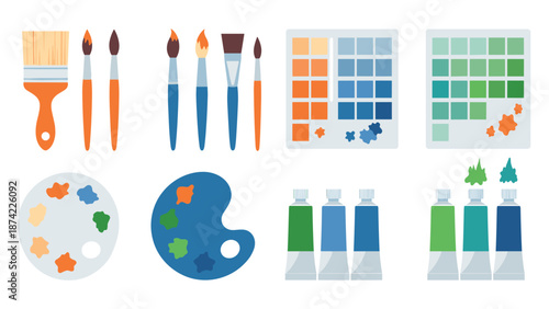 Colorful art supplies set featuring paint brushes and palettes in flat design