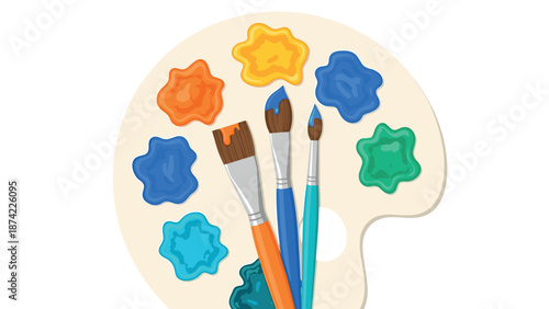 Colorful artist palette with paintbrushes and vibrant paint blobs in flat design