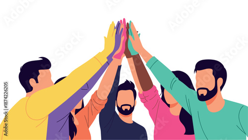 Team celebration with diverse group giving high five in minimalist style