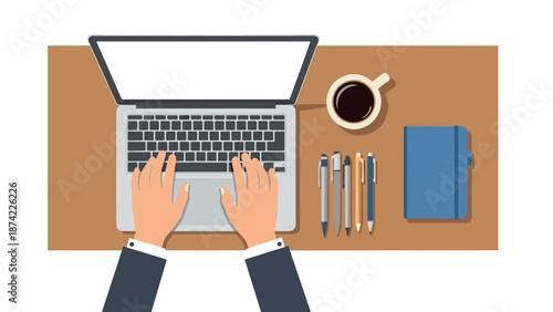 Flat design workspace with laptop, coffee, and stationery on wooden desk