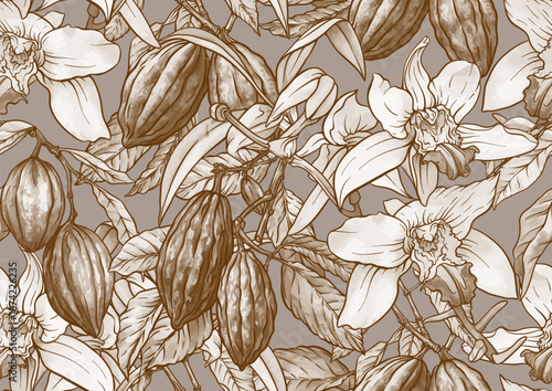 Chocolate and vanilla elements seamless pattern. Hand-drawn botanical illustration of vanilla orchids and cocoa pods in a vintage style, designed for textile, wallpaper, kitchen, and culinary projects