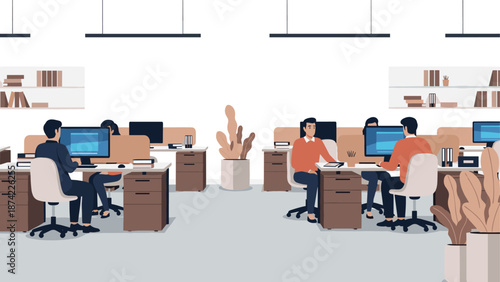 Modern flat design office workspace with diverse team collaboration and open plan layout