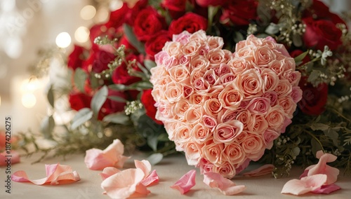 Hearts with a rose bouquet in the background, floral decor enhancing wedding or Valentines Day scene, February celebration