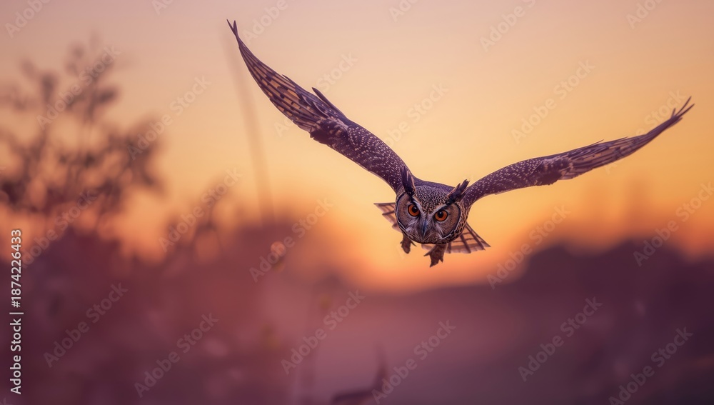 Fototapeta premium Long-eared owl gliding at dusk, highlighting avian hunting techniques, predator stance, raptor in motion, wildlife observation