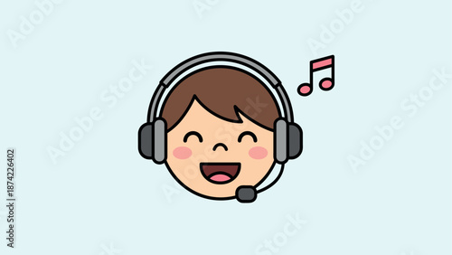 Cute character with headphones enjoying music in minimalist design