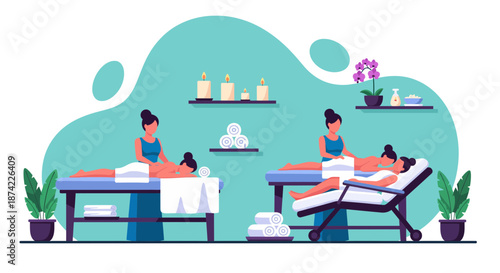 Two Women Receiving Relaxing Spa Massage Treatments.