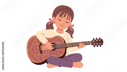 Young girl playing acoustic guitar with floral design in a flat cartoon style