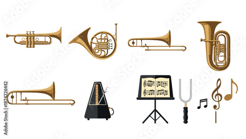 Collection of classical brass instruments and music tools in flat design