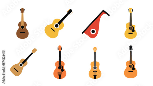 Variety of acoustic guitars and string instruments in flat design