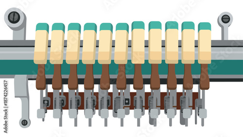 Vintage piano mechanism diagram with detailed keys and hammers