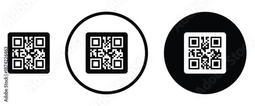 Three minimalist black and white QR code icons arranged horizontally on a transparent background. Left: standard square QR pattern. Center: QR inside thin white circle on black. Right: QR inside thick