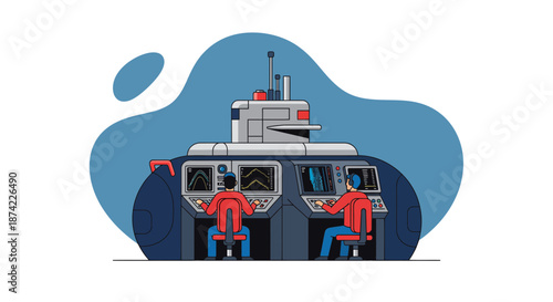 Two Workers Operating Industrial Machinery Control Panel.