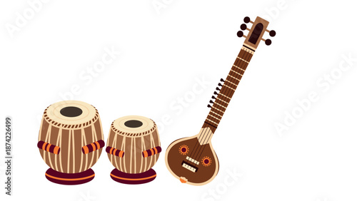 Traditional indian music instruments featuring sitar and tabla set