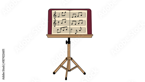 Music stand with open sheet music on tripod in minimalist style