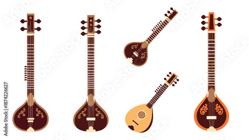 Traditional string instruments: iconic designs of the sitar, veena, and mandolin in flat style