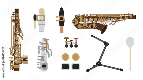 Flat design isolated saxophones and accessories set for music enthusiasts